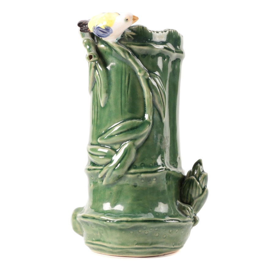 Signed and Glazed Bamboo with Bird Ceramic Vase