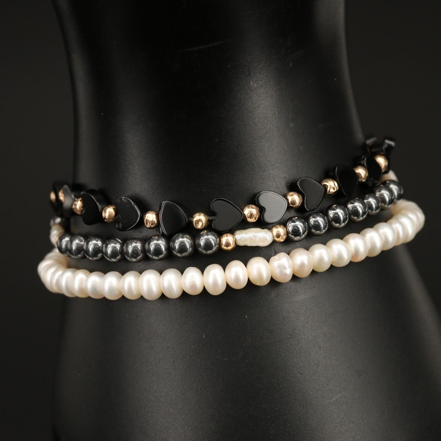 14K and 10K Pearl, Hematite and Gemstone Beaded Bracelets