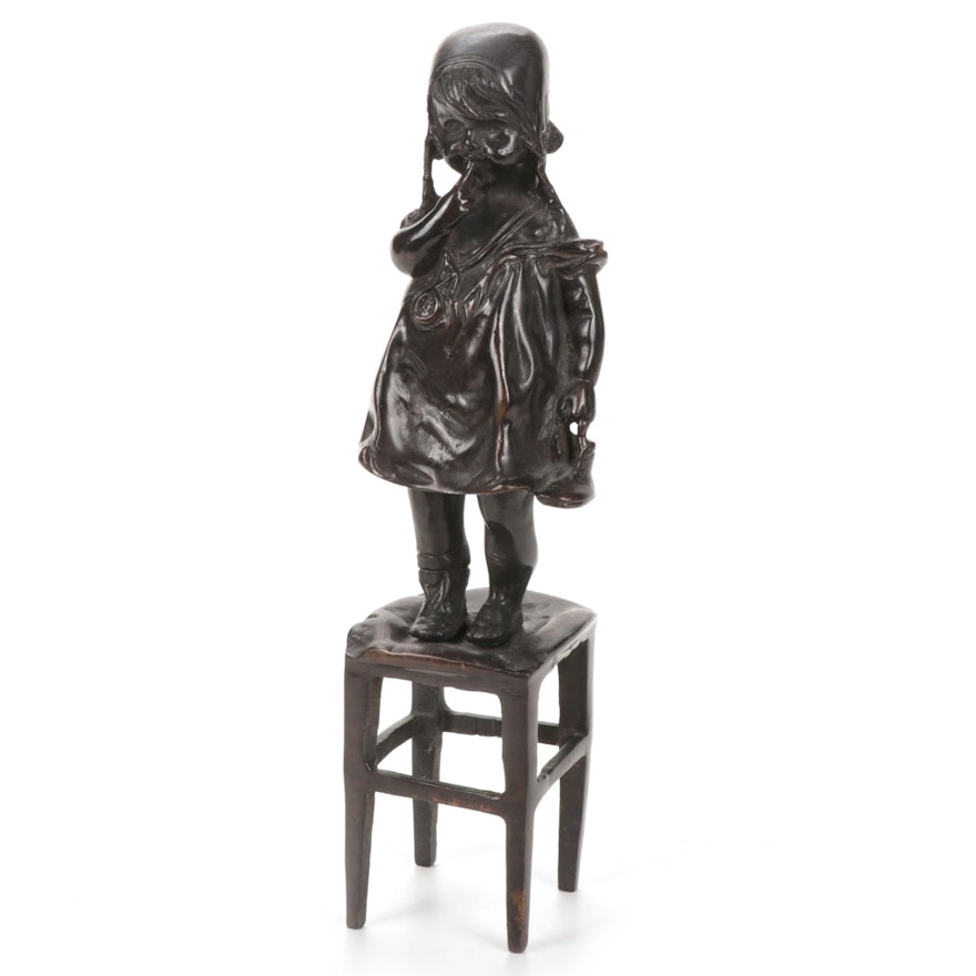 Bronze Sculpture After Juan Clara of Young Girl Standing On Chair