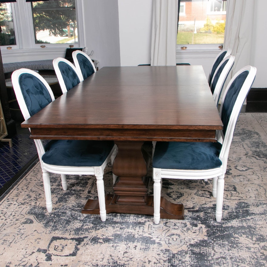 Trestle Dining Table and Safavieh Navy Blue Button-Tufted Dining Chairs
