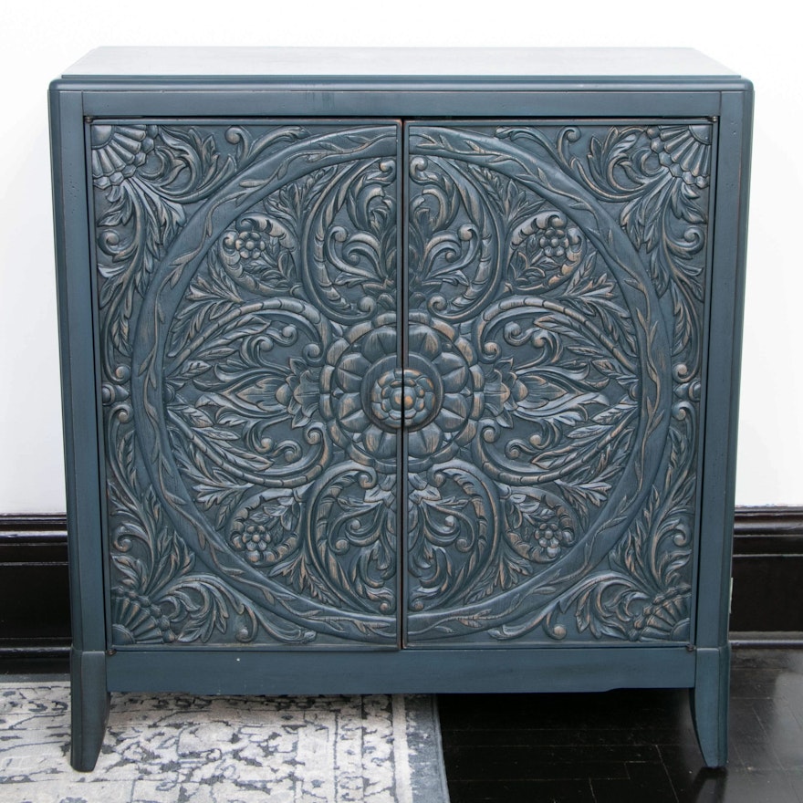 Pike & Main Denim Blue and Gilt Floral Carved Wood Cabinet