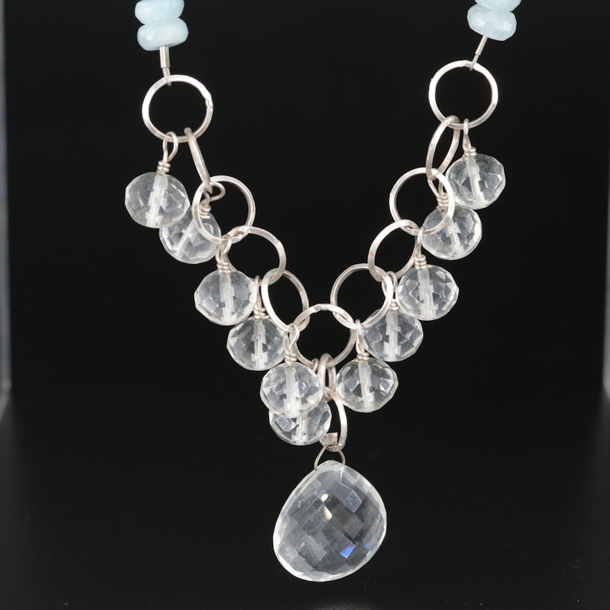 Sterling Rock Crystal Quartz and Aquamarine Bead Fringe Necklace