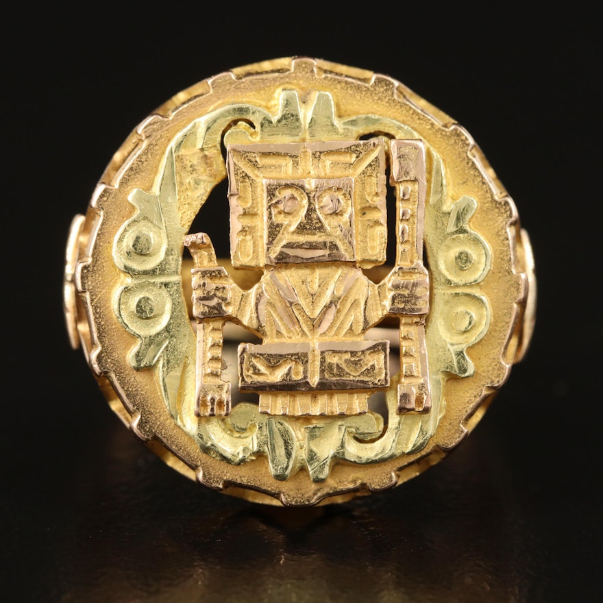 Mesoamerican 18K Deity Ring with Green Gold Accent