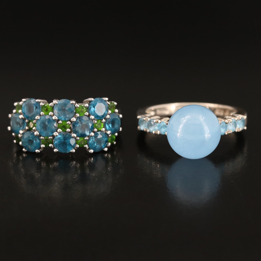 Sterling Rings Including Diopside, Sky Blue and London Blue Topaz