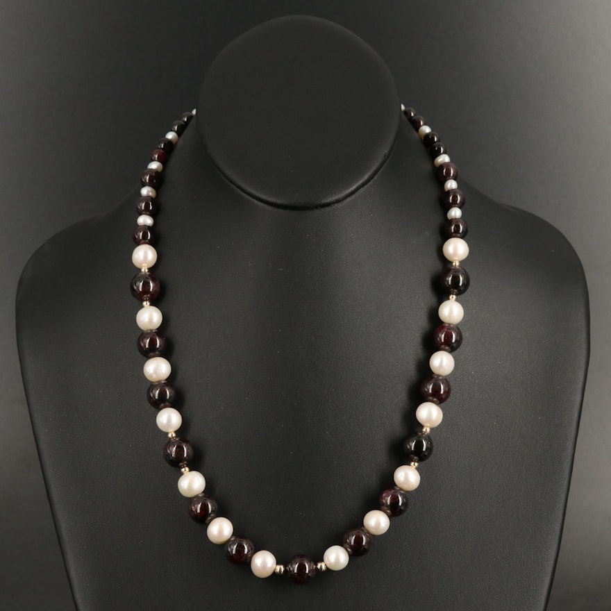 14K Graduated Pearl and Garnet Necklace