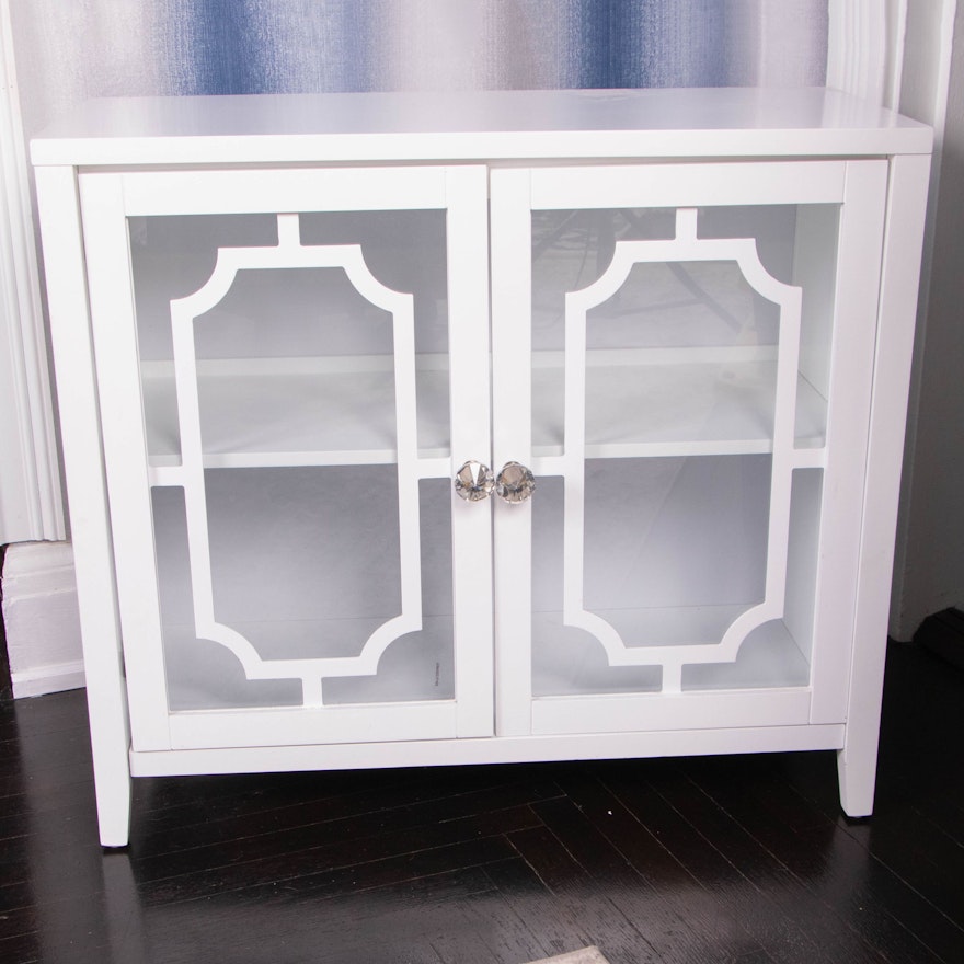 Geometric Patterned White Cabinet with Glass Doors