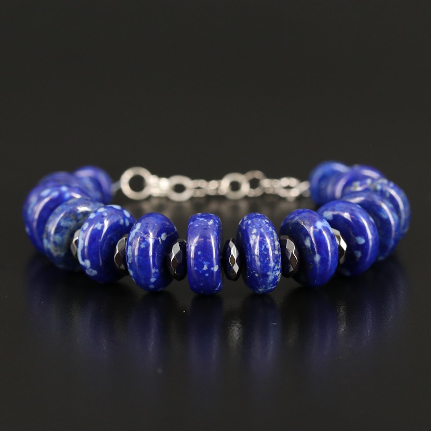 Graduated Lapis Lazuli and Hematite Bracelet with Sterling and 14K Closure