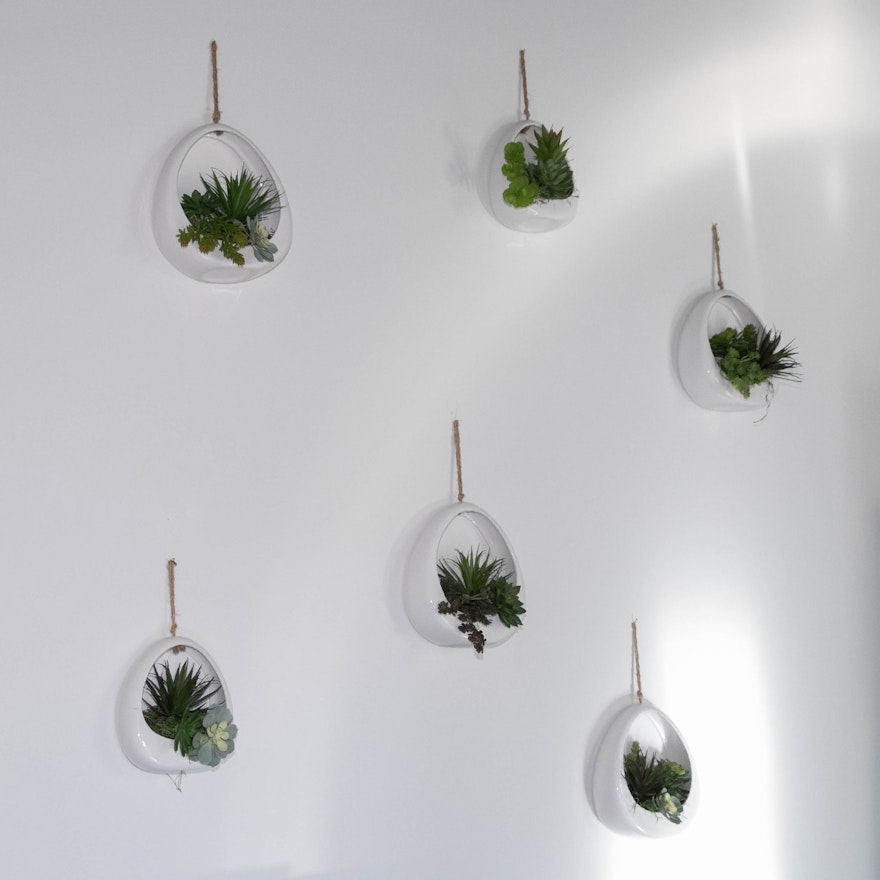 Modernist Style Hanging Ceramic Planters with Faux Succulents