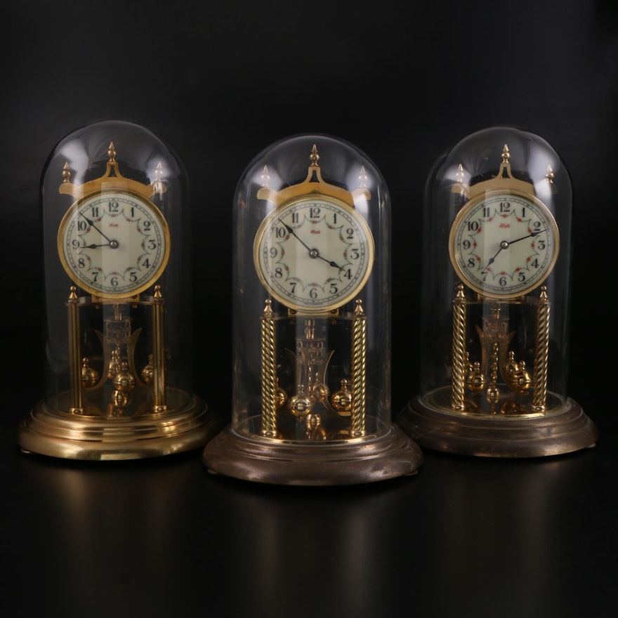 Kundo Brass and Glass Anniversary Clocks, Mid to Late 20th Century
