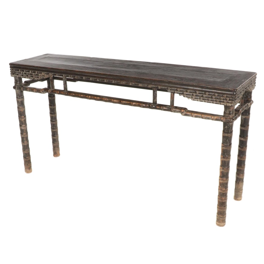 Chinese Style Carved Wood Faux Bamboo Hall Table, Late 20th Century