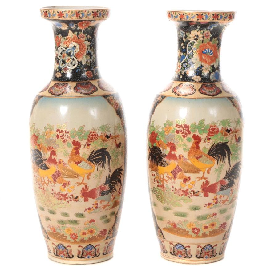 Chinese Hand-Painted Satsuma Porcelain Bangchuping Vases, Late 20th Century