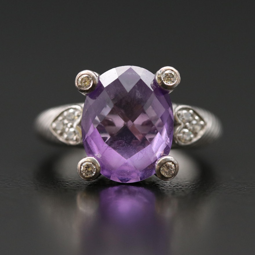 Judith Ripka Sterling Amethyst and Cubic Zirconia Ring with Heart Accents