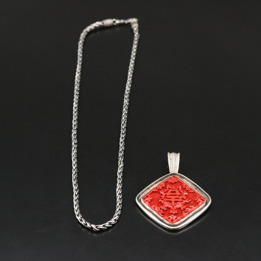 Rebecca Collins Chinese Lacquer Good Luck Pendant on Sterling Chain