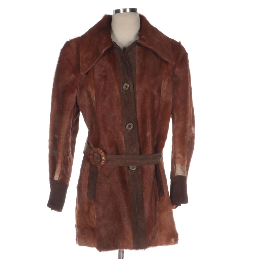 Spread-Collar Belted Jacket in Tawny Cowhide and Brown Suede