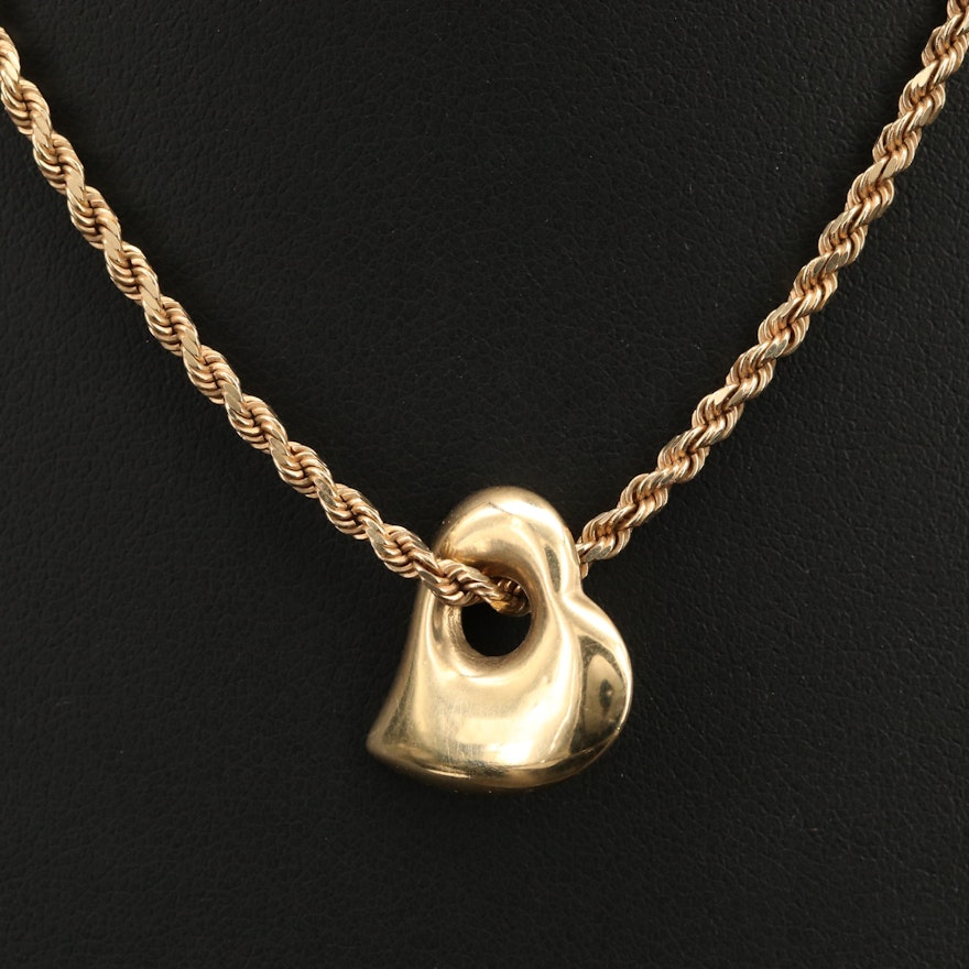 14K Heart Pendant on 10K Rope Chain Necklace