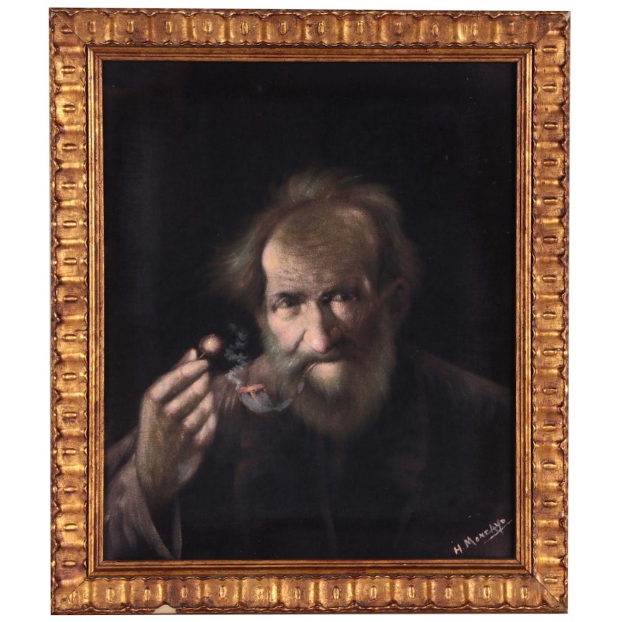 Hector Moncayo Oil Pastel Portrait of Man with Pipe, Late 20th Century