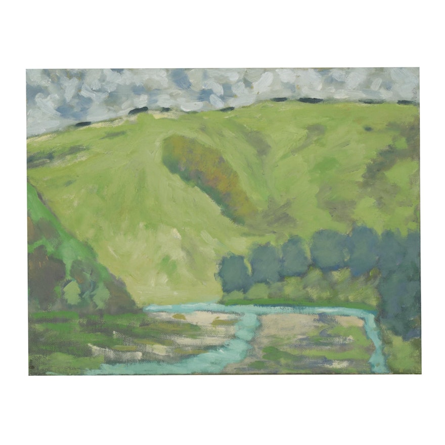 Folk Art Oil Painting of River Confluence Landscape, Late 20th Century