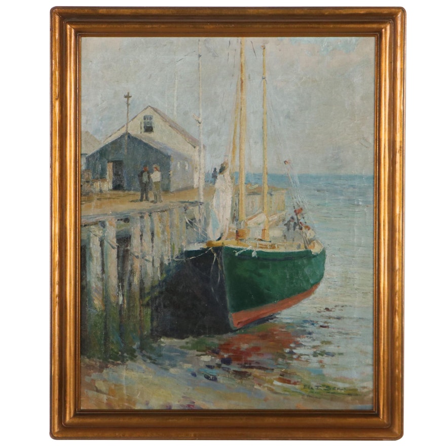 Ella E. See Marine Oil Painting of Moored Green Boat