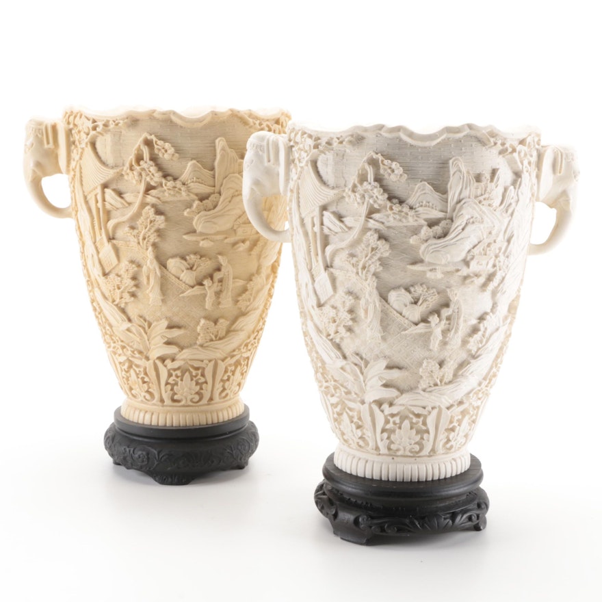 Chinoiserie Carved Resin Vases with Figural Elephant Handles