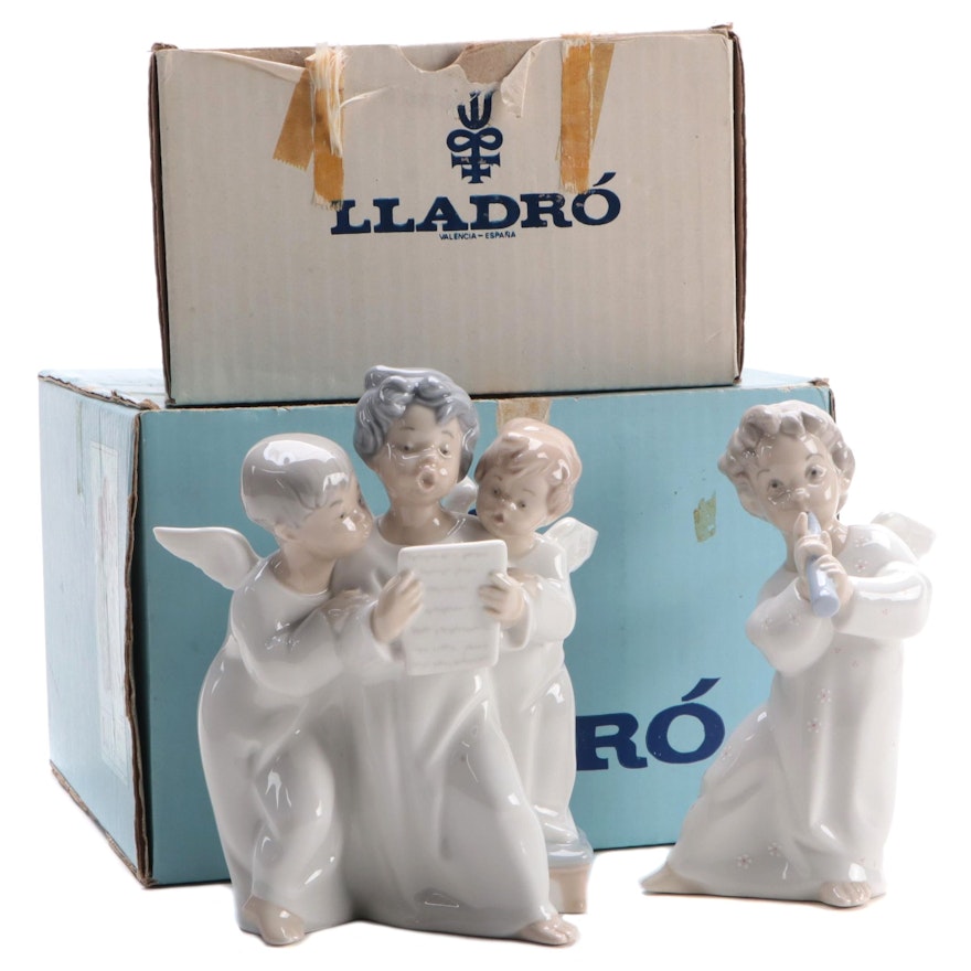 Lladró "Angel with Flute" and "Angles' Group" Porcelain Figurines
