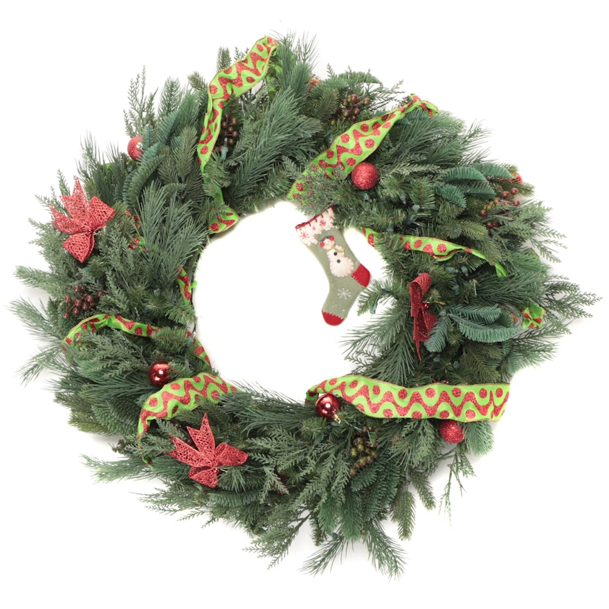 Holiday Illuminated Artificial Wreath with Ornaments and Ribbon