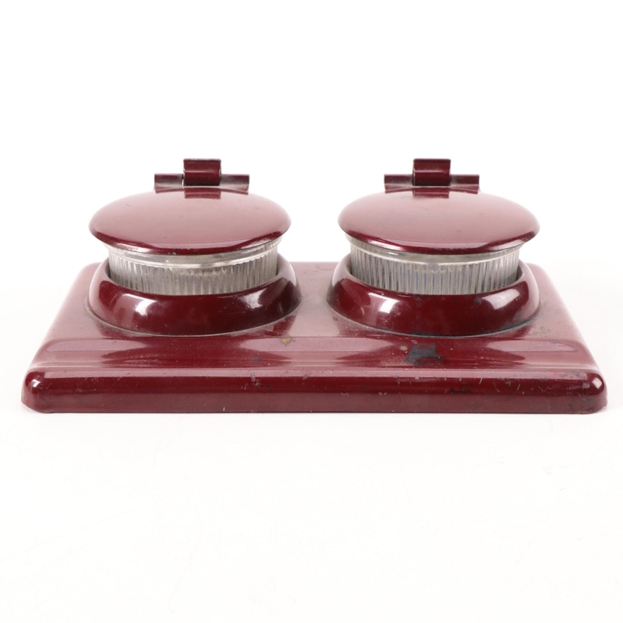 Red Art Deco Metal and Glass Double Inkwell and Pen Rest, Early 20th Century