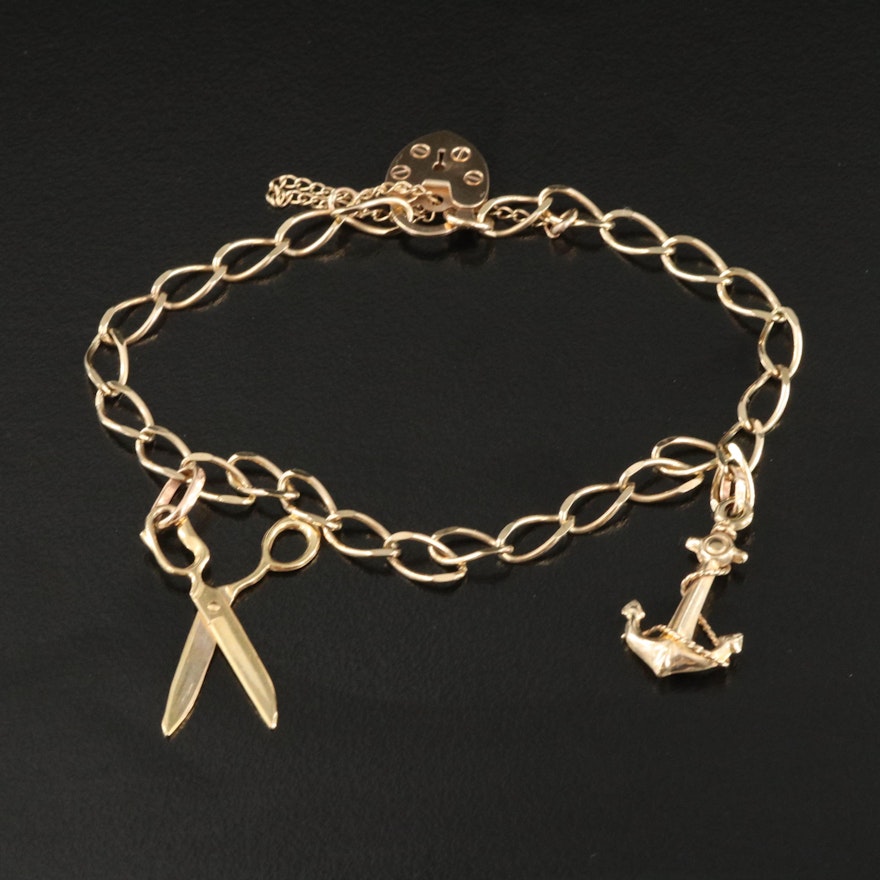 1950s 9K Charm Bracelet with Scissors, Anchor and Heart Lock Charms