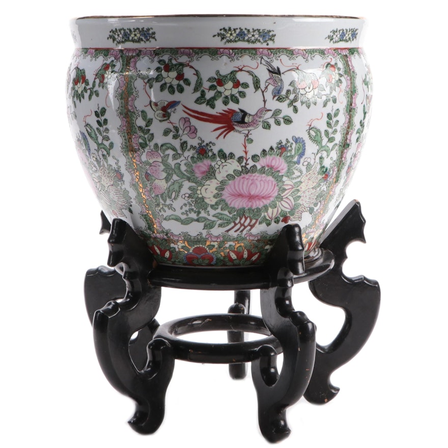 Chinese Rose Canton Porcelain Jardinière with Carved Wood Stand