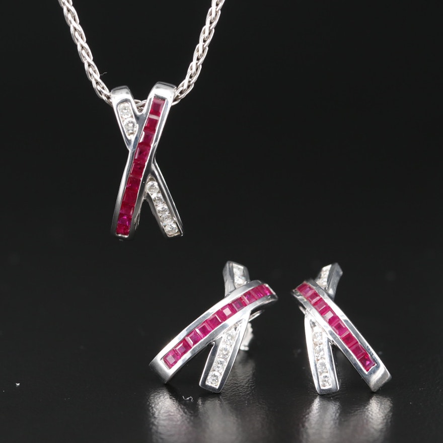 14K Ruby and Diamond Crossover Pendant Necklace and Earrings