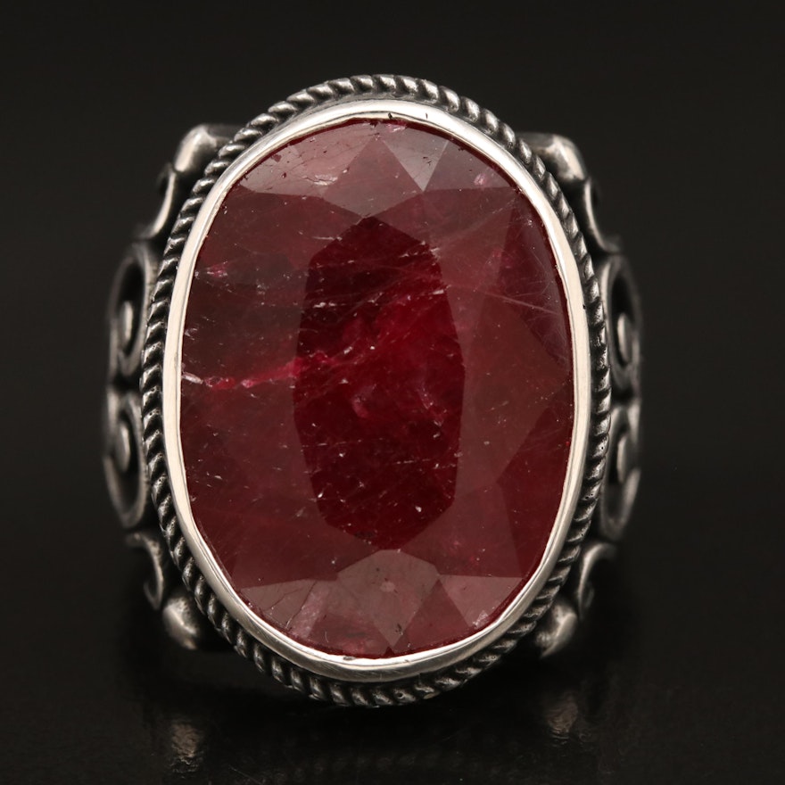 Sterling Corundum Ring with Heart Scrollwork