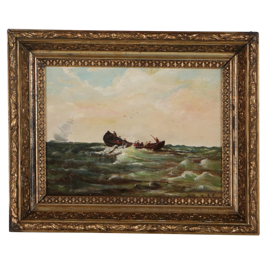 Marine Oil Painting of Row Boat and Ship in Distance