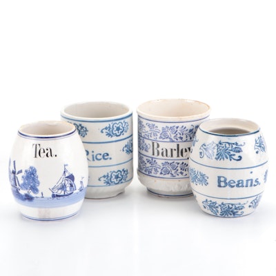 German and Other Delft Style Kitchen Canisters, Early 20th Century
