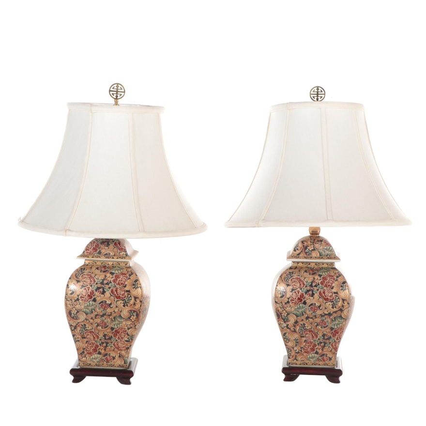 Chinese Hand-Painted Ceramic Squared Ginger Jar Table Lamps