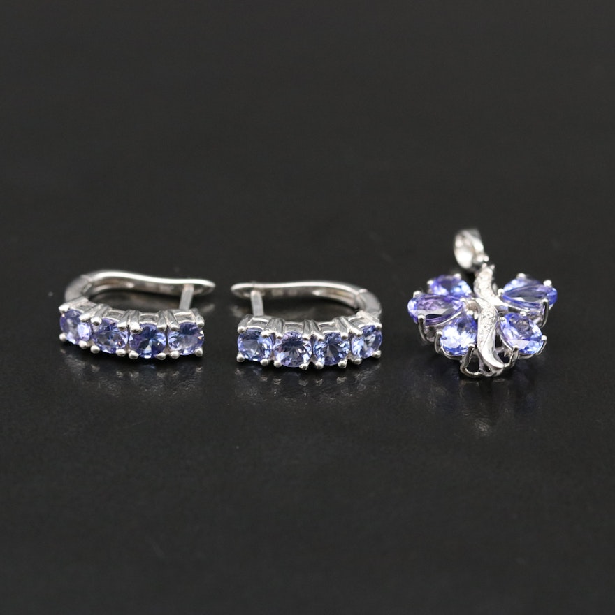 Sterling Tanzanite and Diamond Drop Earrings and Cluster Pendant