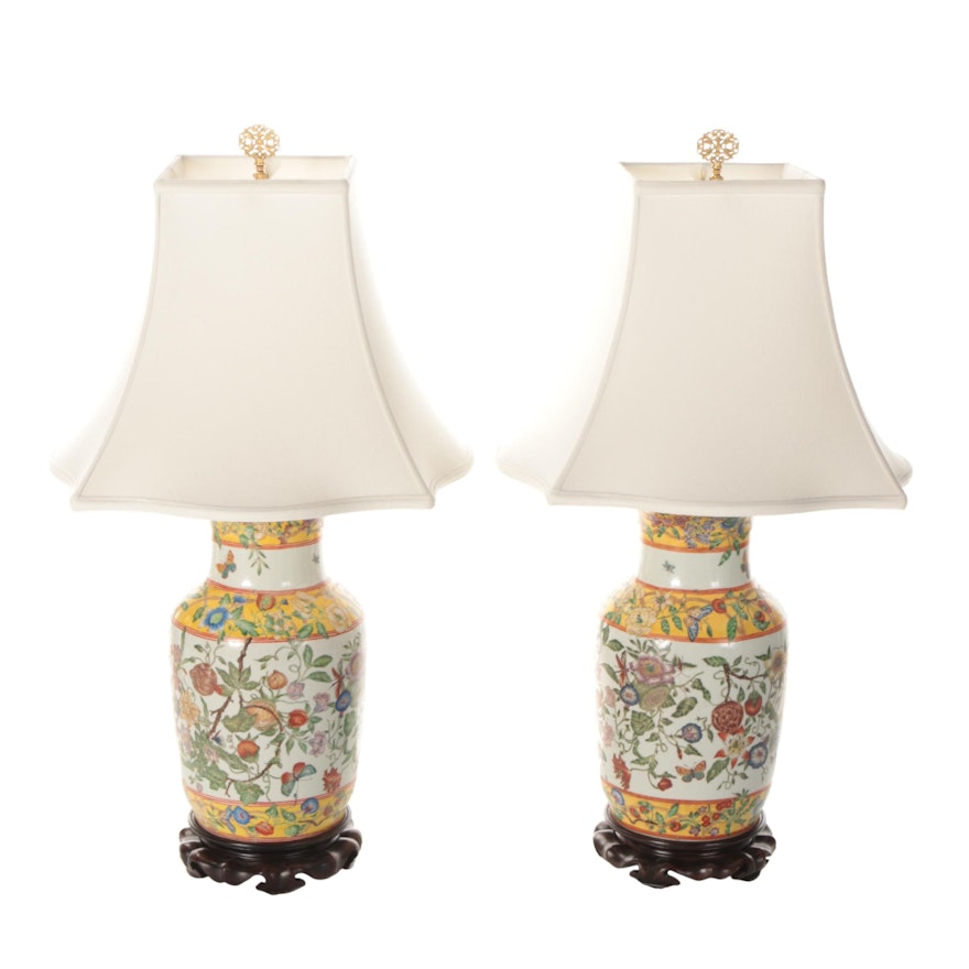 Chinese Hand-Painted Ceramic Ginger Jar Table Lamps