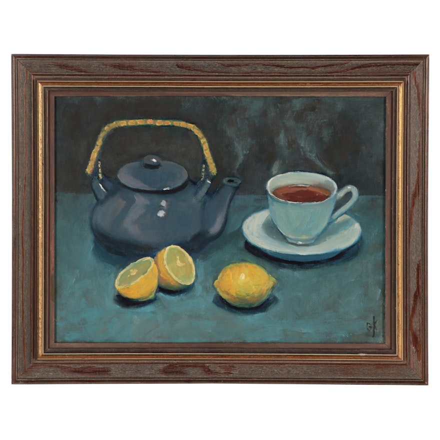 Still Life Oil Painting "Cup of Tea," Late 20th Century