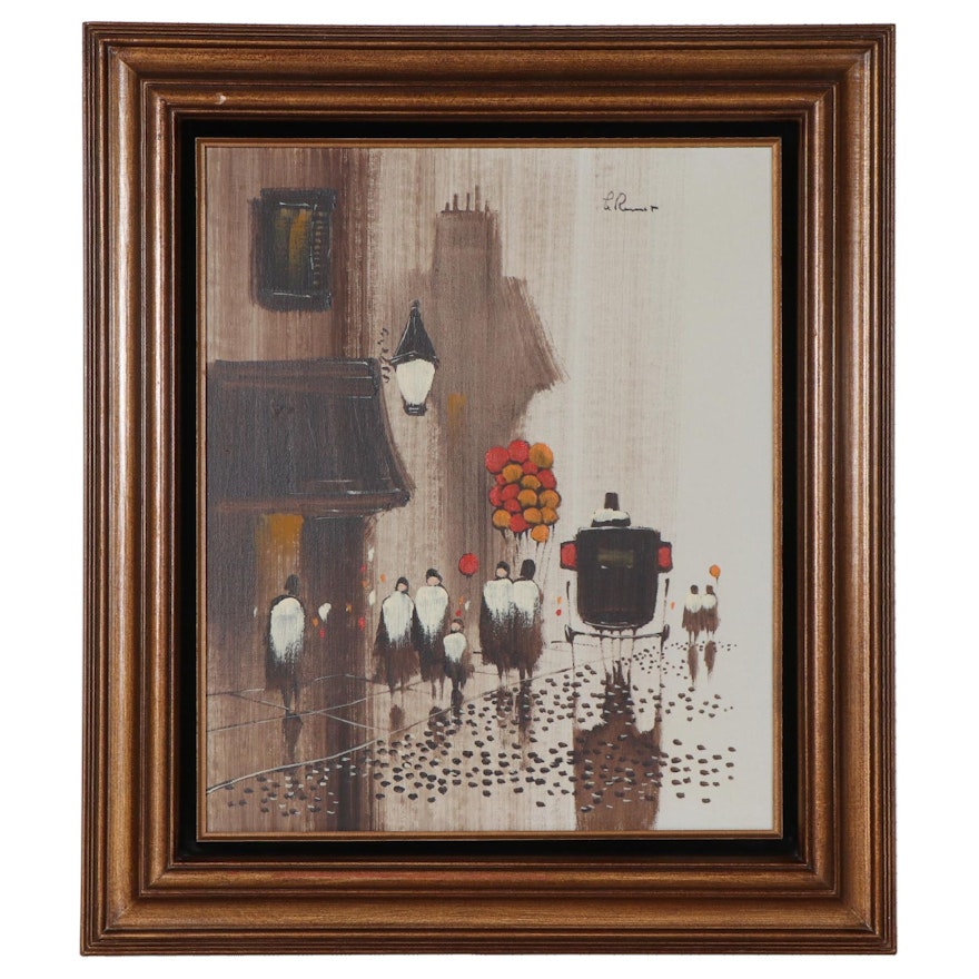 Stylized Acrylic Painting of Street Scene with Figures Holding Balloons