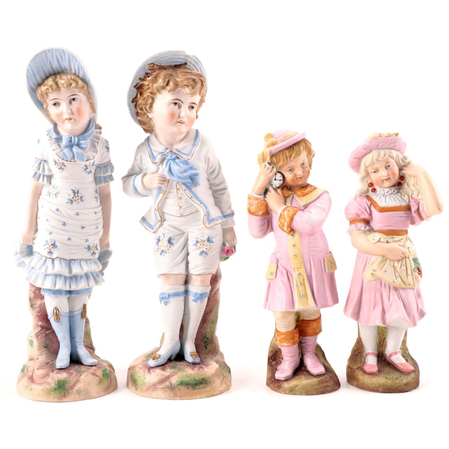 Victorian German Hand-Painted Bisque Porcelain Figural Pairs, Early-Mid 20th C.