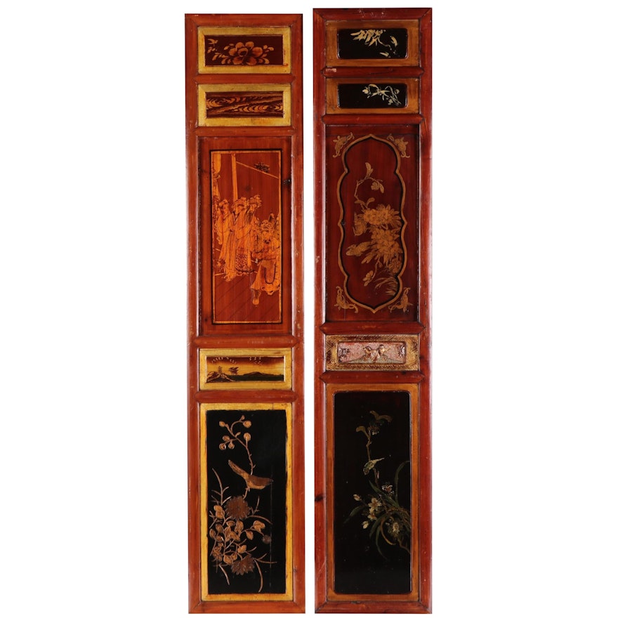 East Asian Lacquered Painted Wooden Wall Hangings