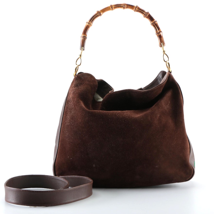 Gucci Bamboo Shoulder Bag in Dark Brown Suede and Leather with Detachable Handle