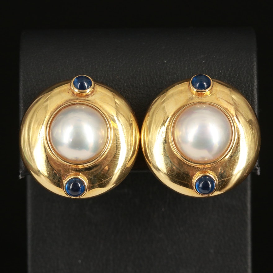 Italian 18K Pearl and Sapphire Earrings