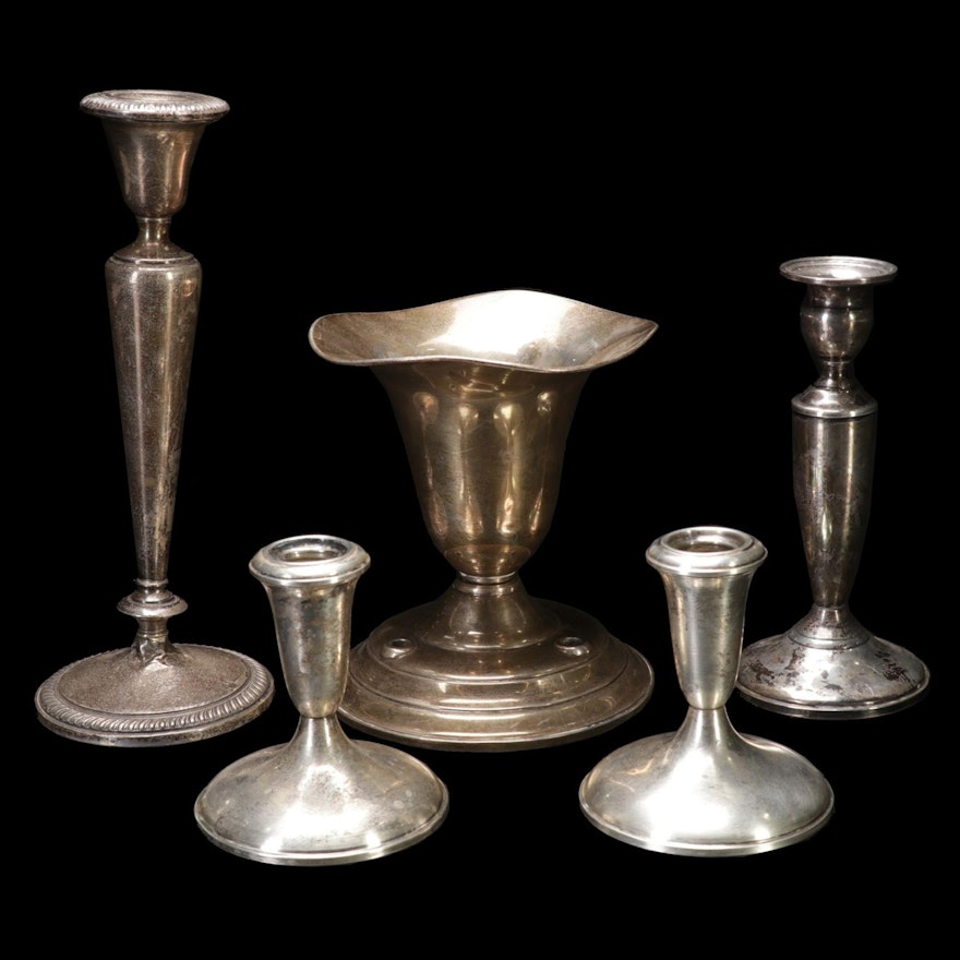 Empire, Towle, and Other Weighted Sterling Candlesticks and Vase