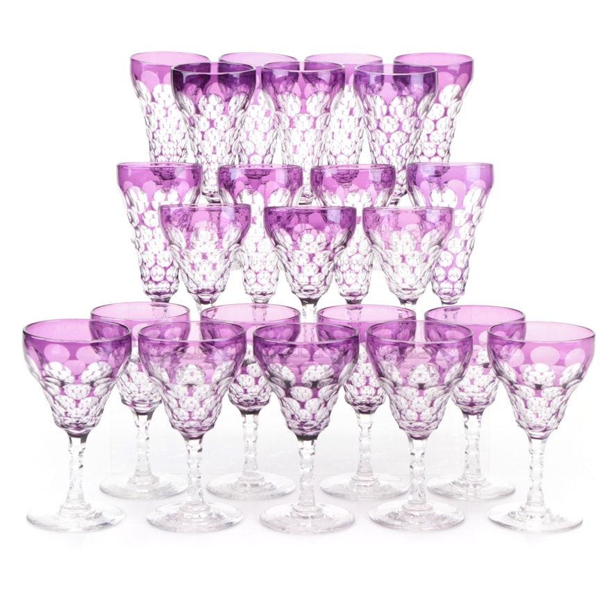 Bohemian Style Amethyst Cut to Clear Coin Dot Goblets and Champagne Flutes