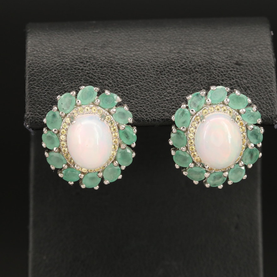 Sterling Opal Button Earrings with Emerald and Sapphire