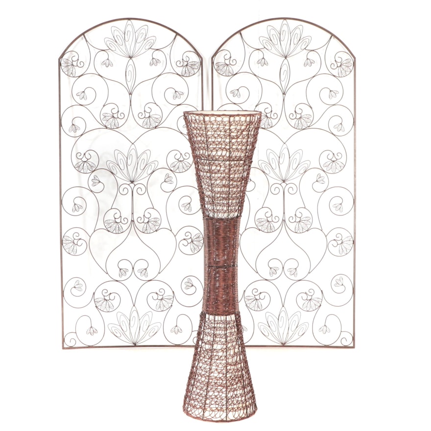 Contemporary Scrolled Wrought Metal Wall Hangings with Metal Wire Floor Lamp