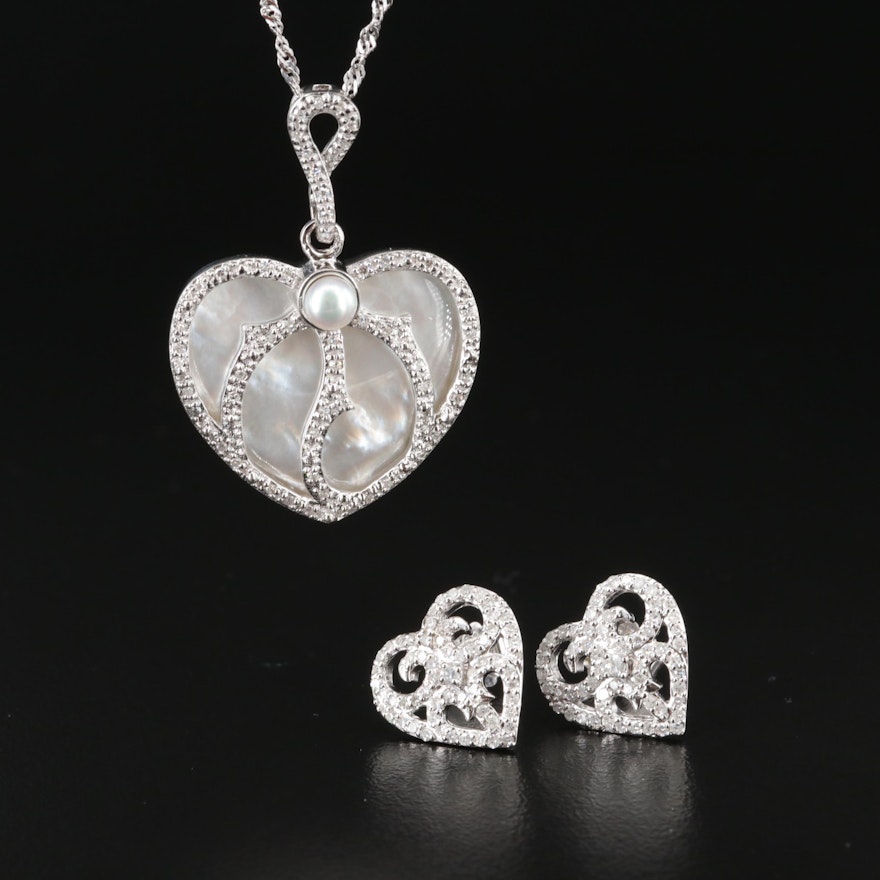 Sterling Pearl, Mother of Pearl and Diamond Heart Pendant Necklace and Earrings