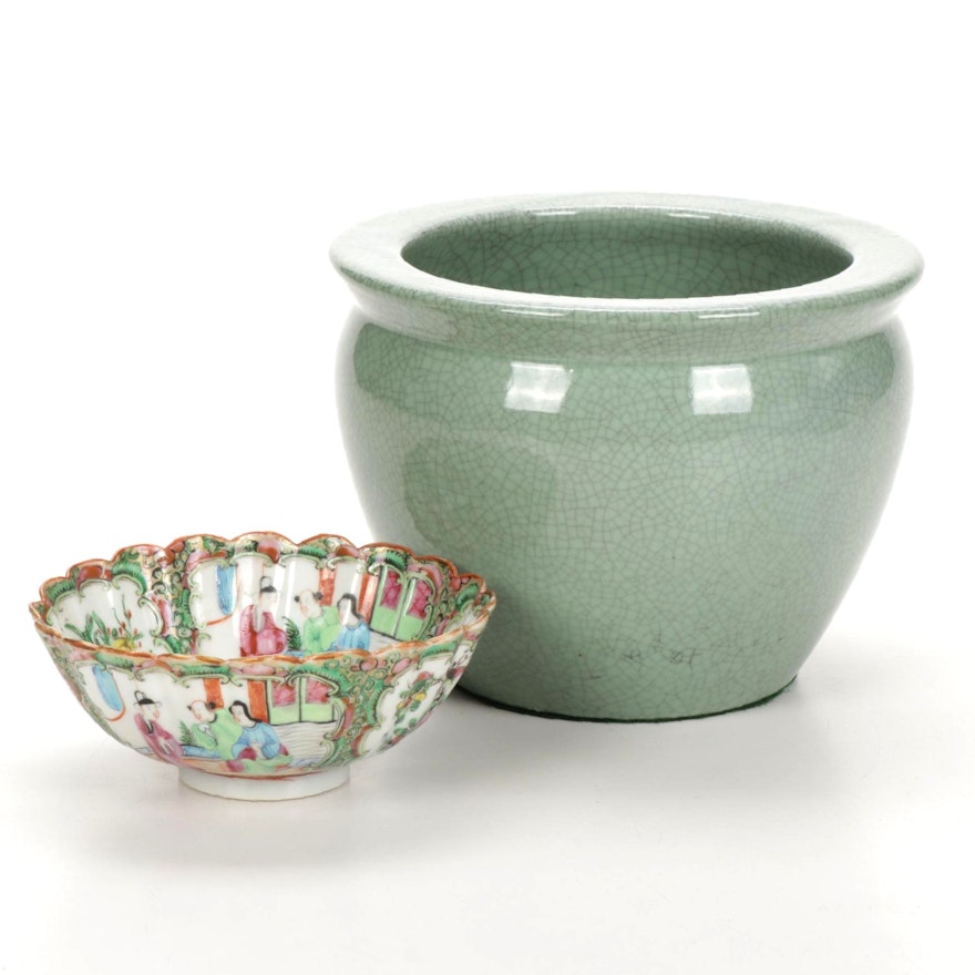 Chinese Rose Medallion Porcelain Bowl and Celadon Crackle Planter