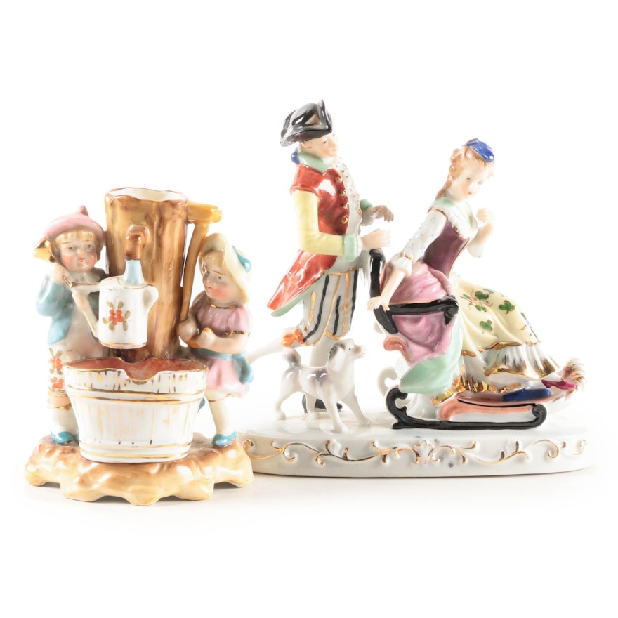 European Style Hand-Painted Porcelain Figurine and Match Holder