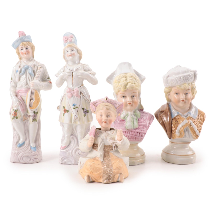 German Porcelain Figurines and Bisque Nodder, Early to Mid 20th Century