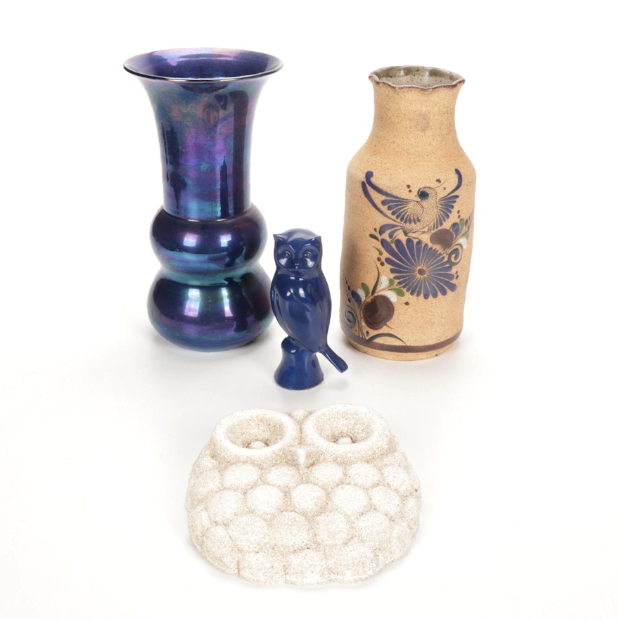 Tobias Harrison Studio Thrown Vase and Other Earthenware Decor with Bird Motifs